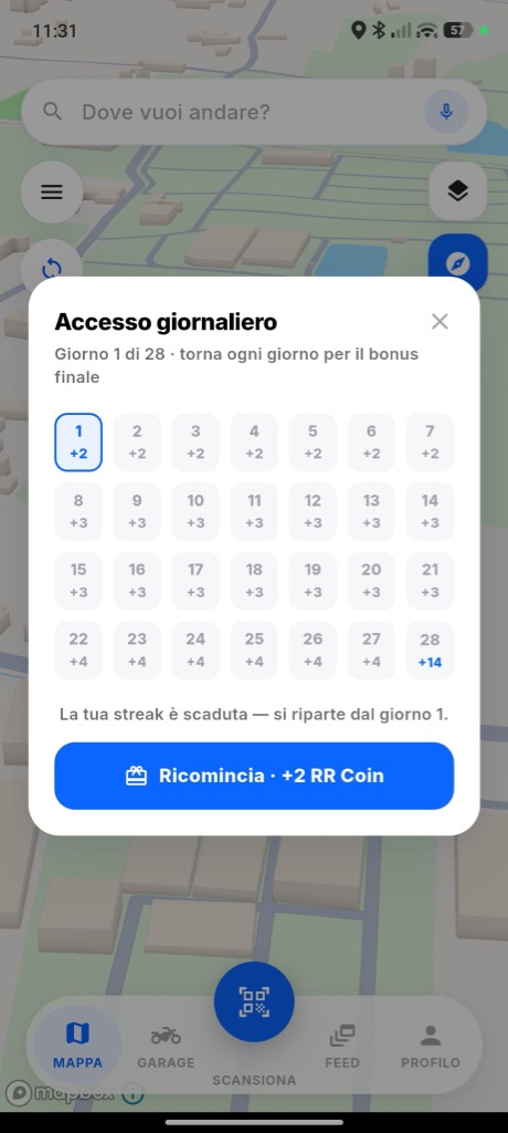 Finestra dell'accesso giornaliero: il calendario di ventotto giorni con le RR Coin di ogni giorno e il bonus finale