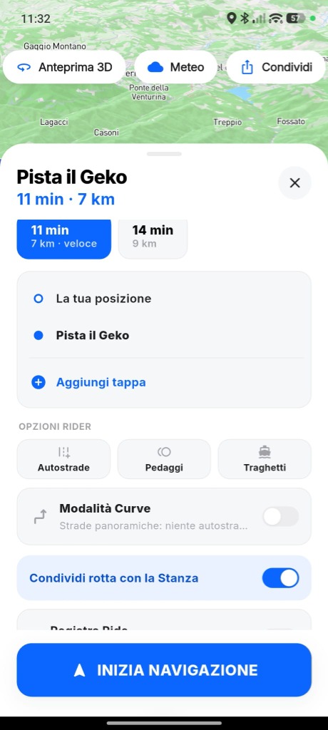 Anteprima di un percorso con la scelta della modalità di guida