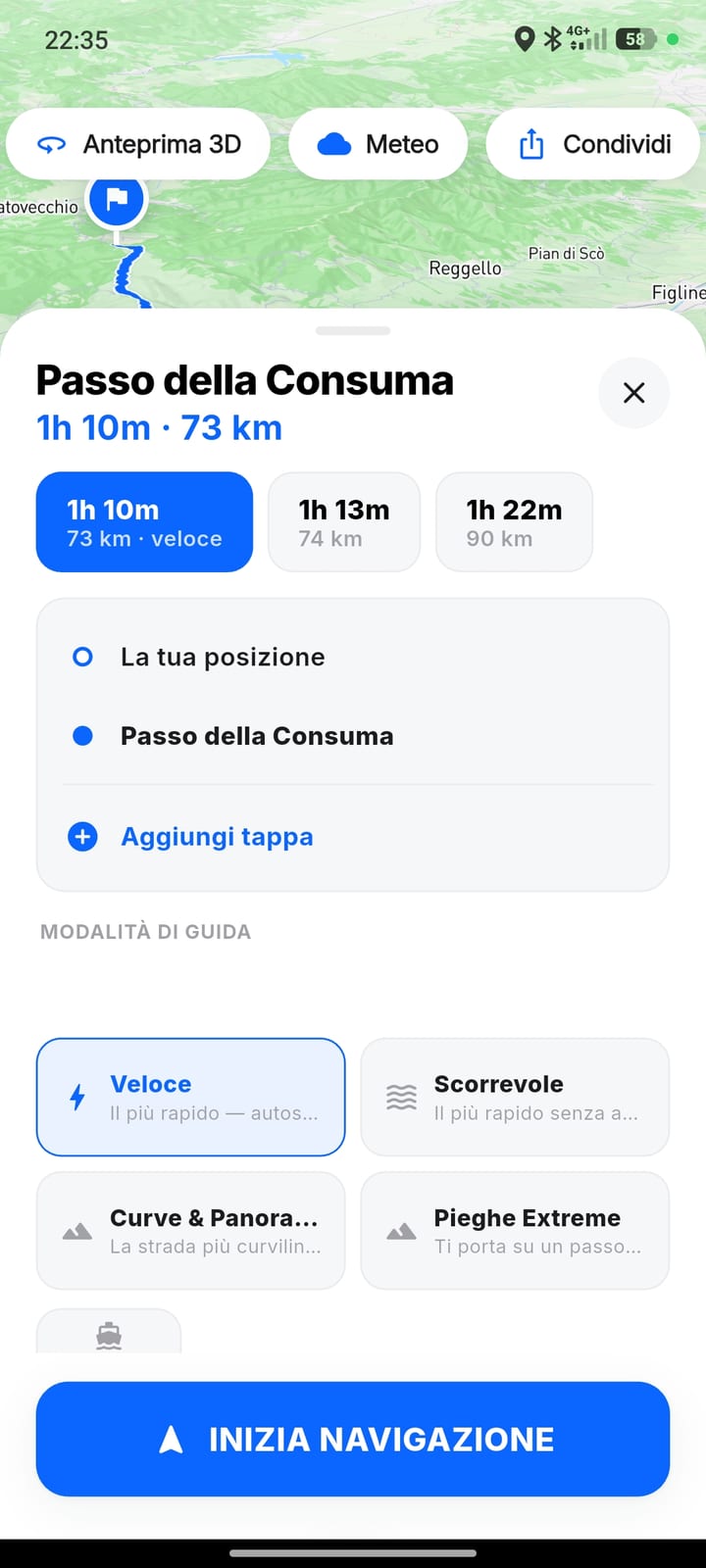 Anteprima del percorso per il Passo della Consuma, 1h 10m e 73 km: tre alternative con tempi e chilometri, l'elenco delle tappe e le quattro modalità di guida — Veloce, Scorrevole, Curve e Panorami, Pieghe Extreme