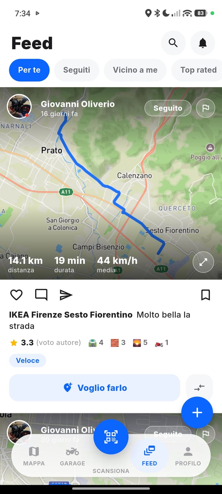 Il Feed di RideRadar: le schede Per te, Seguiti, Vicino a me e Top rated, e sotto un percorso pubblicato da un rider con la mappa del tracciato