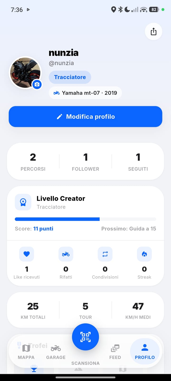 Il profilo di una rider: foto, nome utente, il livello «Tracciatore», la moto guidata e il conto dei percorsi, dei follower e di chi segue