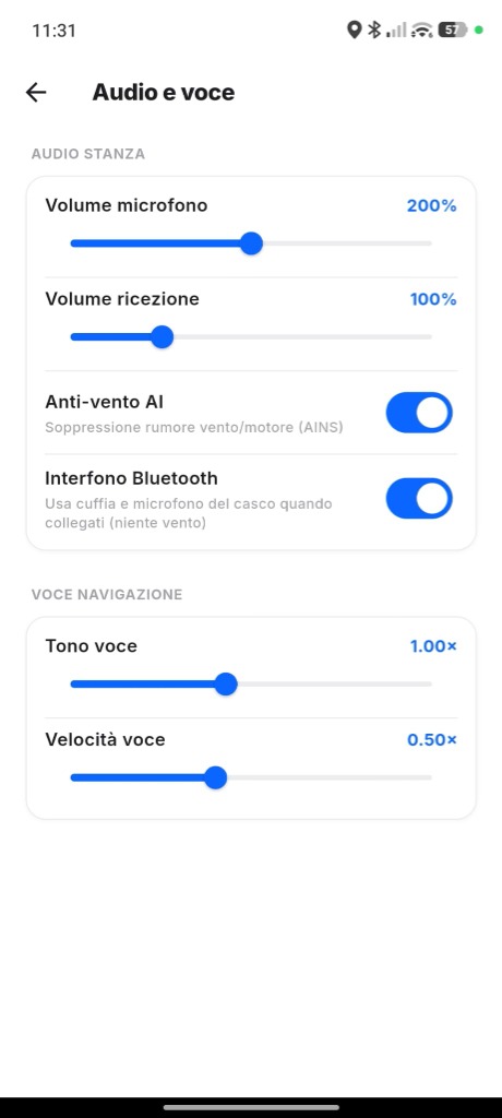 Schermata delle impostazioni di suono e voce dell'app
