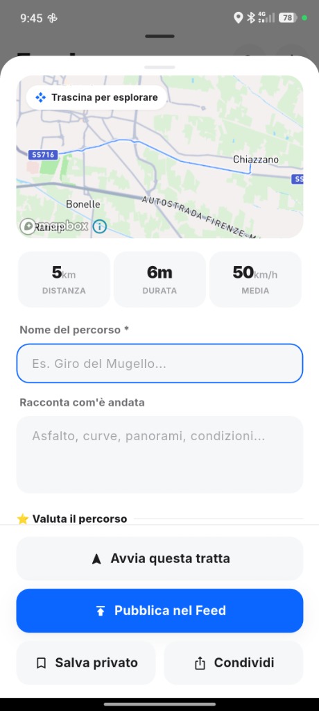 Schermata di pubblicazione di un percorso nel feed